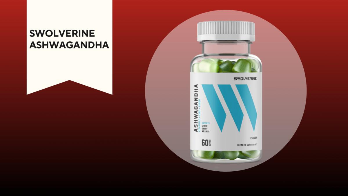 A red and black background with a white banner that reads Swolverine Ashwagandha next to a bottle of the same product